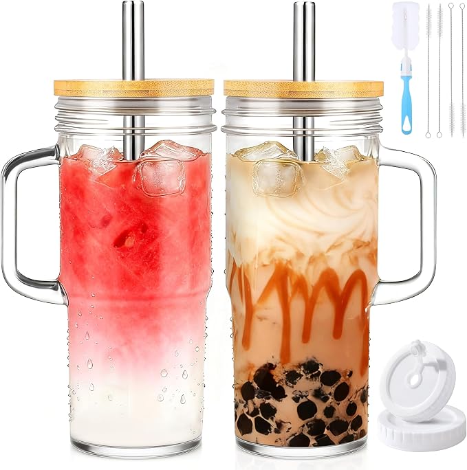 Birity 24oz Glass Cups with Lids and Straws,Glass Tumbler with Handle,2 set–Reusable Glass Ice Coffee Cups with Lid and Straw for Smoothies,Tea,Juice,Boba Cup for Cold & Hot Drinks,Travel Cup by 24ozRibbedGlassCup