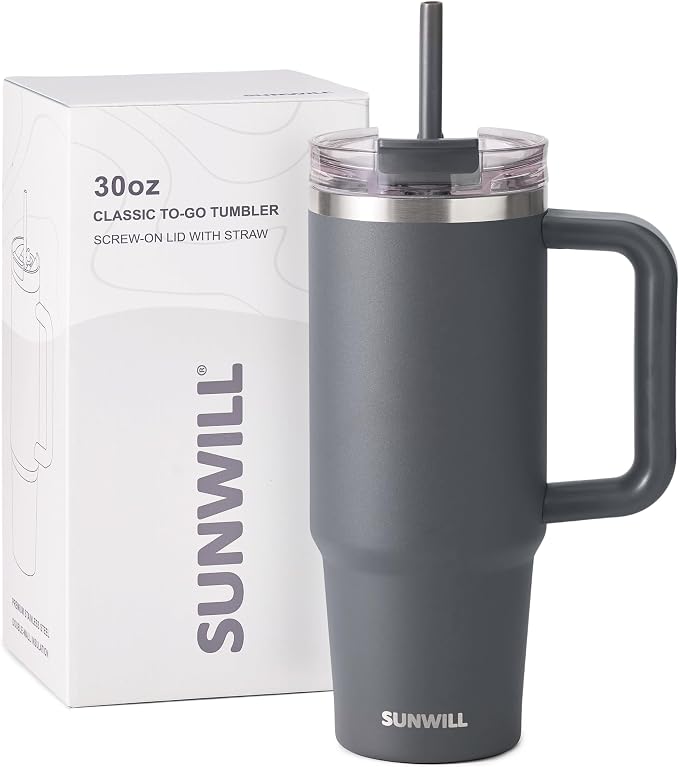 SUNWILL Travel Coffee Mug with Lid, 30 oz Tumbler with Handle and Straw Leak Proof, Stainless Steel Cup Insulated for Office & Camping, Cupholder Friendly, Powder Coated Charcoal - Image 7