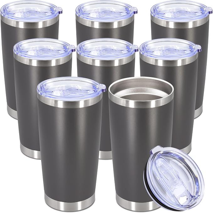20oz Tumbler Bulk Stainless Steel Tumbler Cup with Lid Vacuum Insulated Double Wall Travel Mug, Durable Powder Coated Travel Coffee Tumbler Mug for Hot & Cold Drinks, Grey,8 Pack by AUWBON