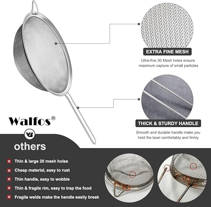 Walfos 9.35 Inch Large Fine Mesh Strainer, Stainless Steel 30 Mesh Sieve - Image 7