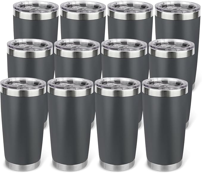 20oz Stainless Steel Tumbler Bulk with Lid, Travel Mug - Double Wall Vacuum Powder Coated Cup - Grey, 12 Pack by Unknown