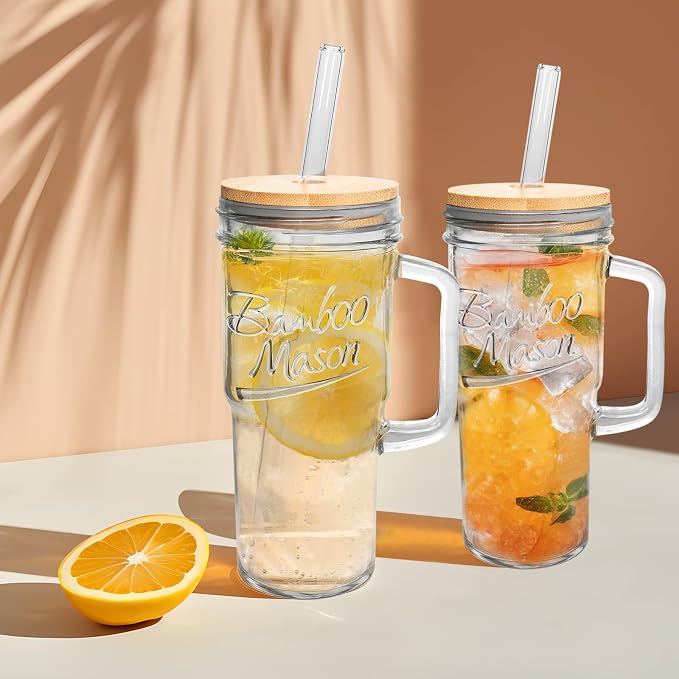 ANOTION Glass Cups with Lids and Straws - 24oz Tumbler with Handle Coffee Cups Glass Straws Glasses Mason Jar Cups Drinking Set Kitchen Essentials Coffee Bar Accessories House Warming Gifts New Home - Image 3