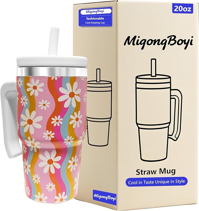2PCS 20-OZ Insulated Water Bottle,Insulated Stainless Steel Tumbler,Reusable Cold Drink Thermos,BPA-Free, Double-Wall Stainless Steel Water Bottle (Pink-Rainbow Flowers, 20, Fluid Ounces) by Unknown
