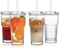 20oz Glass Tumblers with Lids and Straws, Set of 4 - Stylish Ribbed Design Drinking Glasses for Iced Coffee Cups, Juice, Smoothies, Cold Beverages, Includes Cleaning Brush, Durable Glassware by SoulTimes