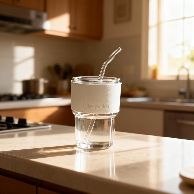 BLUEPOLAR 13 oz Tumbler Water Glass, Water Bottle with Straw and Dustproof Lid, Coffee Ice Cup Double Wall Insulated Glass Cup (White with Protect Sleeve) - Image 5