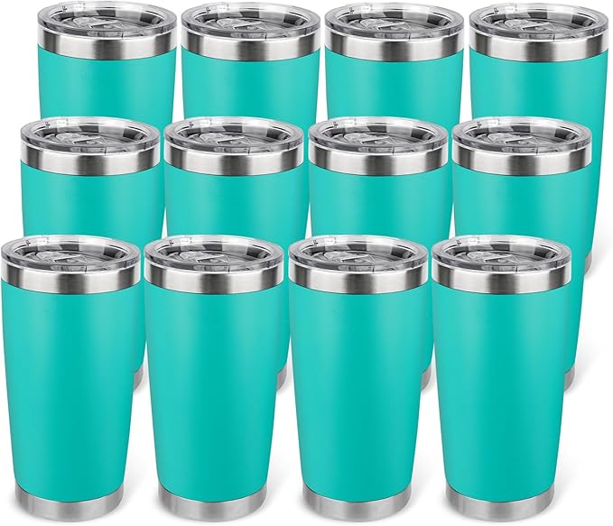 20oz Stainless Steel Tumbler Bulk with Lid, Travel Mug - Double Wall Vacuum Powder Coated Cup - Light Green, 12 Pack by Unknown