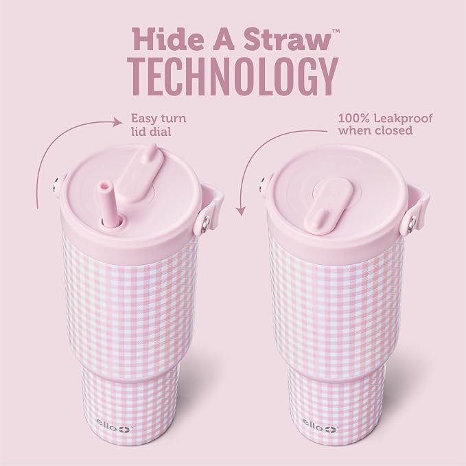 Ello Oasis Go+ 26oz Tumbler with Top Handle and Retracting Straw | Reusable Insulated Stainless Steel Cup, 100% Leakproof Water Bottle, 24 Hours Cold, Cup Holder Friendly For Travel | Pink Gingham - Image 2