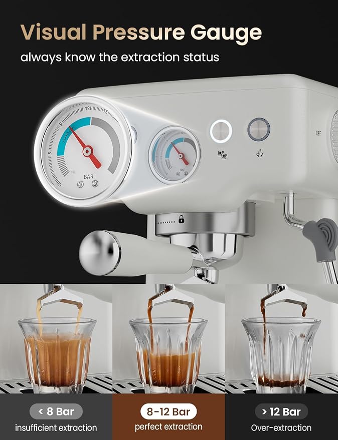 Neretva Stainless Steel Espresso Machine with Visible Pressure Guage-White - Image 2