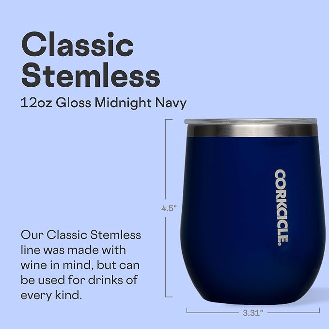 Corkcicle Stemless Wine Tumbler - Keeps Drinks Cold for 6 Hours - Triple-Insulated Stainless Steel - Non-Slip Base - Summer Drinkware Gift - Keeps Drinks Ice Cold - 12 oz - Gloss Midnight Navy - Image 2