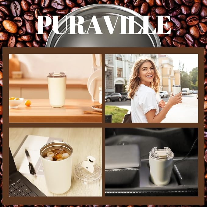 Puraville Insulated Tumblers with Lid, 14 oz Travel Coffee Mug Stainless Steel Vacuum Cup, Leak Proof Reusable Double Walled Coffee Tumbler for Iced and Hot Drinks, Cream - Image 7