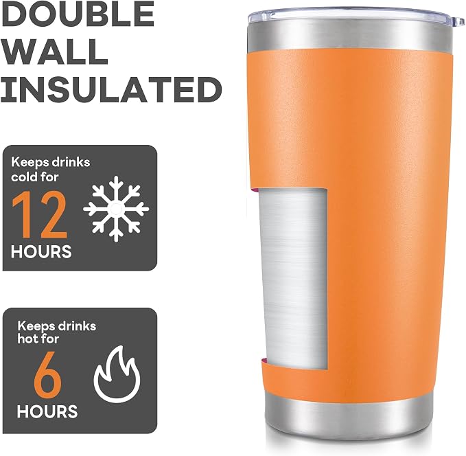 20 oz Tumbler with Lid Stainless Steel Insulated Tumblers Bulk Double Wall Vacuum Cups Powder Coated Travel Mug Keep Drink Cold and Hot, Orange, 8 Pack - Image 3