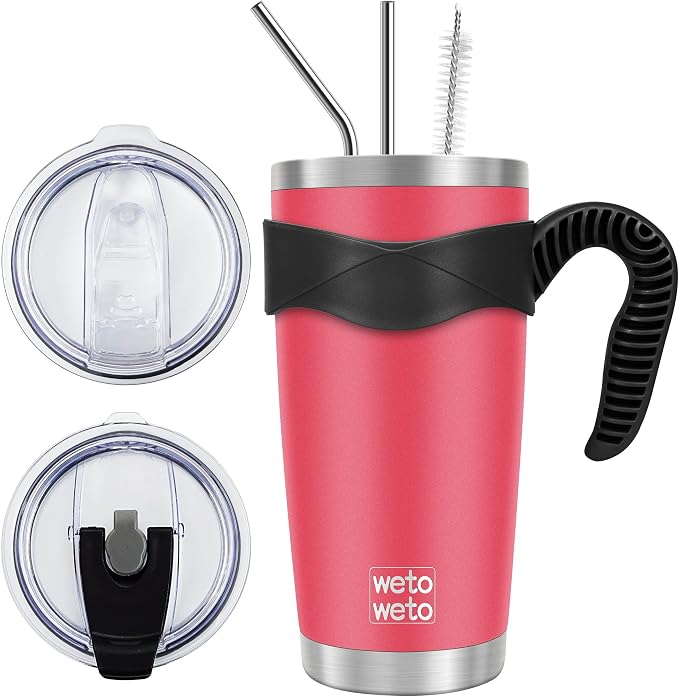 WETOWETO 20oz Tumbler with 2 lids and 2 straws, Stainless Steel Vacuum Insulated Water Coffee Tumbler Cup with Handle, Double Wall Powder Coated Travel Mug Thermal Cup (Watermelon Red, 1 Pack) by Wetoweto