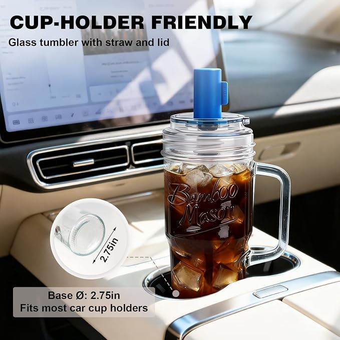 ANOTION Bamboo Mason Leakproof Mason Jar Cups with Lids and Straws, Cap Cup 24oz Glass Tumbler with Handle, Rotating Lid Silicone Straw, Reusable Iced Coffee Matcha Cup Coffee Gifts for Women 2pc - Image 5