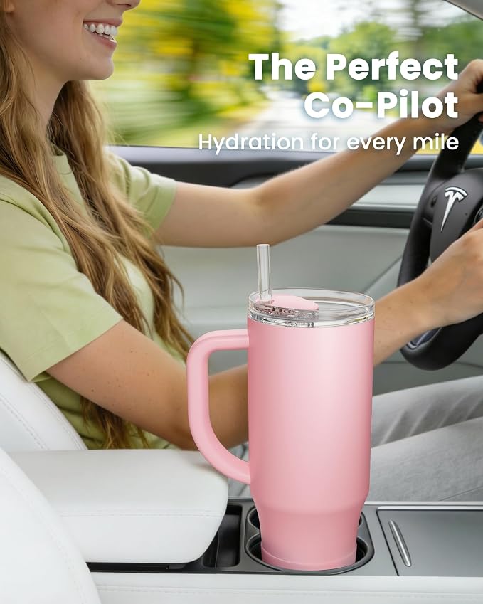 Renoj Insulated Mug 100% Spill Resistant Insulated Water Bottle for Iced Coffee & Hot Drinks - Fits Car Cup Holder, Ideal Gift, 2 Straws & Silicone Boot - FlexSlide Pink 32 oz - Image 2