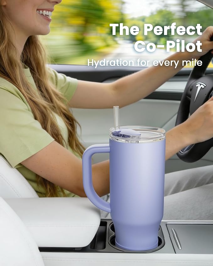 Renoj Insulated Mug 100% Spill Resistant Insulated Water Bottle for Iced Coffee & Hot Drinks - Fits Car Cup Holder, Ideal Gift, 2 Straws & Silicone Boot - FlexSlide Blue 32 oz - Image 2