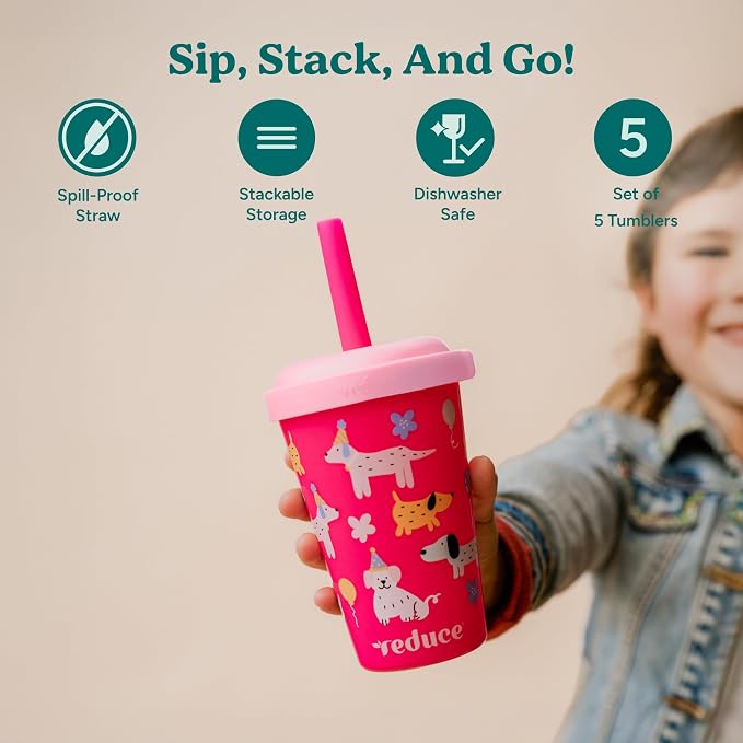 REDUCE GoGo's Kids Portable Tumbler Cups with Lids and Spill-Proof Straws - 5 Pack of Stackable 12 oz Tumblers with Twist-On Lids - Easy Storage, Dishwasher Safe - Fruity Cutie - Image 2