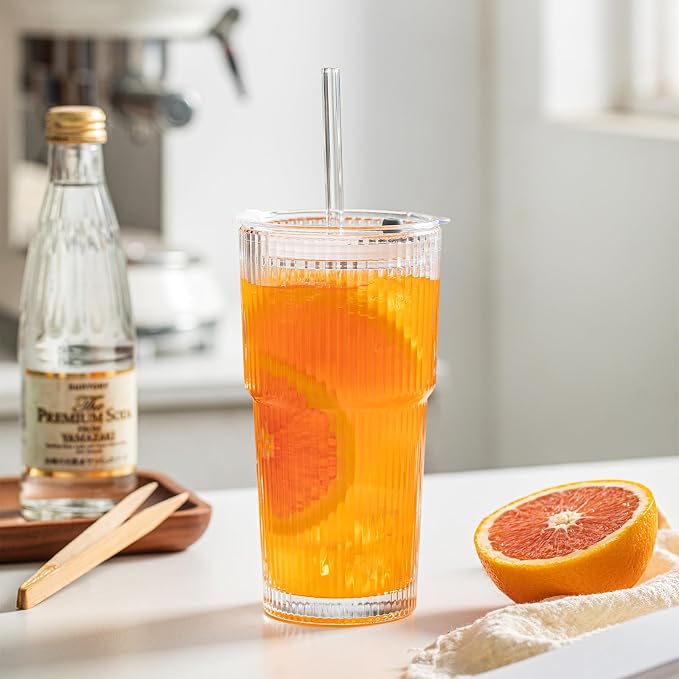 INSETLAN 8-Piece Glassware Set – 20 oz Ribbed Glass Tumblers with Lids and Glass Straws, Heavy-Duty Tumblers, Ideal for Iced Coffee, Smoothies, Cocktails, and Juices – Elegant and Durable Drinkware - Image 3