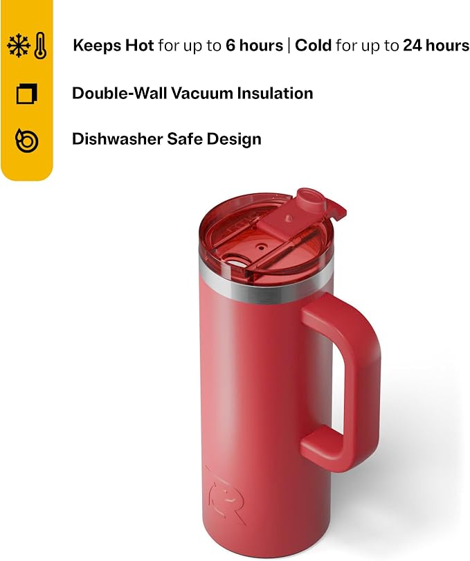 RTIC 20oz Road Trip Travel Mug with Lid and Handle, Ceramic Lined, Insulated, Stainless Steel, Metal, Double Wall Vacuum-Insulation, Portable Coffee, Tea Cup for Hot and Cold Drink, Flag Red - Image 3