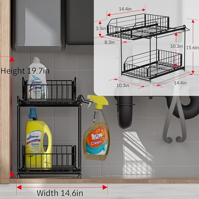 SUEH DESIGN Under Sink Organizers and Storage, 2 Tier Metal Under Sink Storage - Image 2