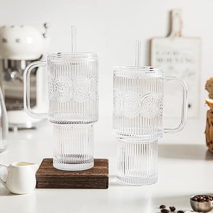 INSETLAN 26oz Ribbed & Floral Glass Tumblers with Handle and Lid, Set of 2 –Reusable Iced Coffee Cups with Straw, Glass Mugs for Water, Smoothies, Tea, and Juice – Ideal for Travel & Daily Use - Image 9