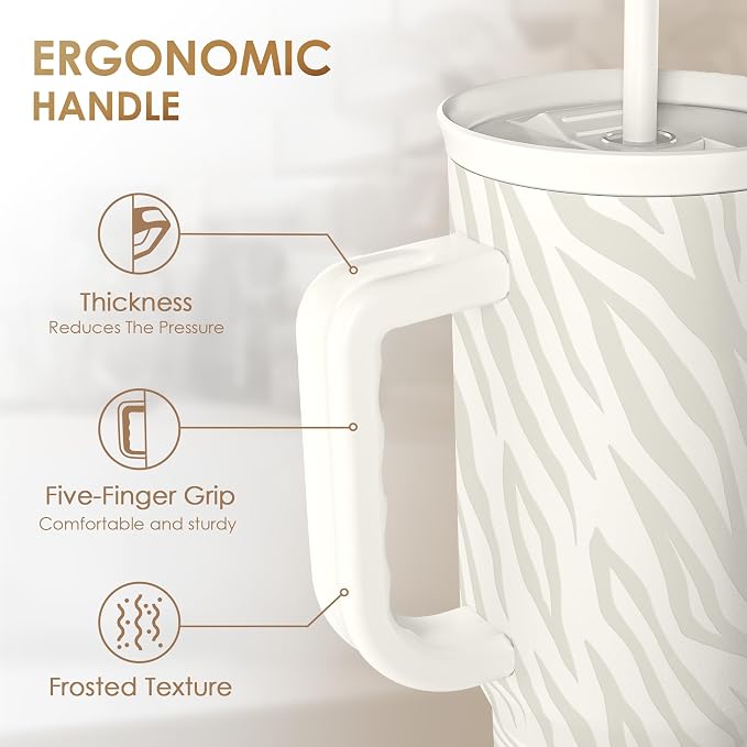 SANDJEST Zebra Skin 40oz Slider Tumbler with Handle and Straw - Insulated Stainless Steel Travel Coffee Mug for Women Girls, Gift for Birthday, Christmas - Image 3