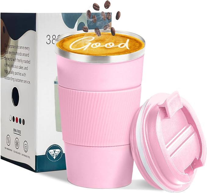 YINBAOGE Insulated Travel Coffee Mug, Spill & Leak Proof, Portable To Go Camping Stainless Steel Coffee Tumbler, Reusable Thermal Coffee Cup with Lid for Hot & Cold Drinks (Pink, 17 OZ) by YINBAOGE