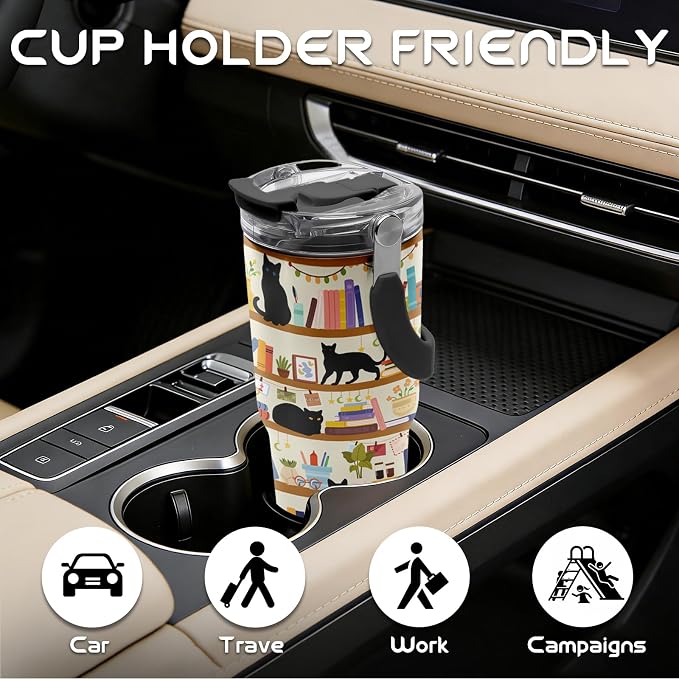 20oz Cats Tumblers - Black Cat Tumbler with Straw Handle, Leak-proof, BPA-free, Double Wall Insulated, Cat Gifts for Cat Lover, Insulated Coffee Tumbler Book Stainless Steel Cup for Kids School - Image 4
