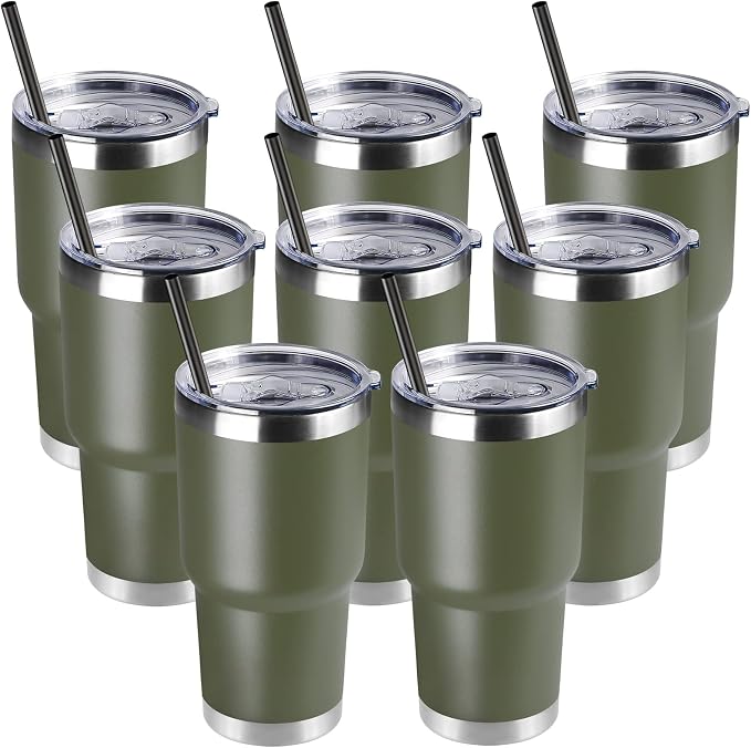 DOMICARE 30oz Tumbler Bulk with Lid and Straw, Double Wall Travel Coffee Mug, Insulated Vacuum Stainless Steel Tumblers, Powder Coated Tumbler Cup (Army Green, 8) by VisittheDOMICARE