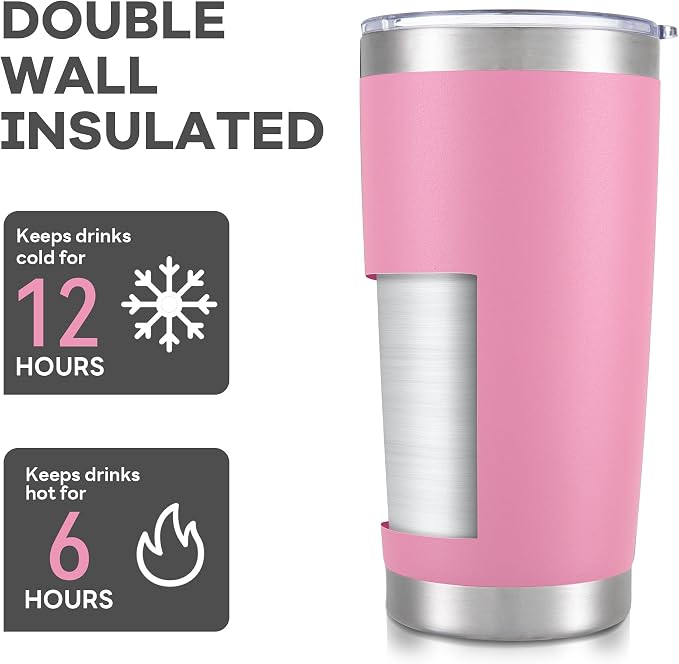 20 oz Tumbler with Lid Stainless Steel Double Wall Vacuum Insulated Tumblers Powder Coated Cups Travel Mug Keep Drinks Cold and Hot, Pink - Image 3