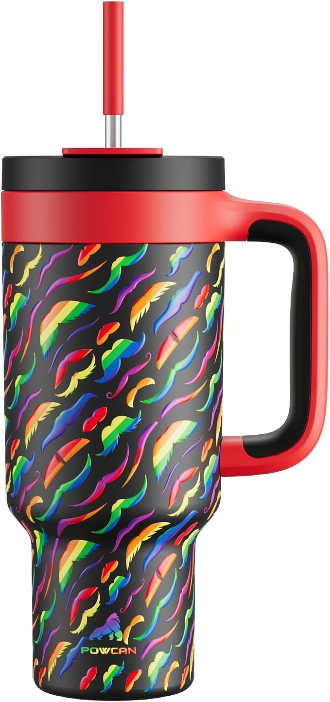 POWCAN 40 oz Tumbler with Handle, 2-in-1 Straw and Sip Lid, Leakproof, Dishwasher Safe, Insulated Stainless Steel Travel Coffee Mug, Keeps Cold for 34 Hours, Fits in Car Cup Holder (Rainbow Whiskers) by POWCAN