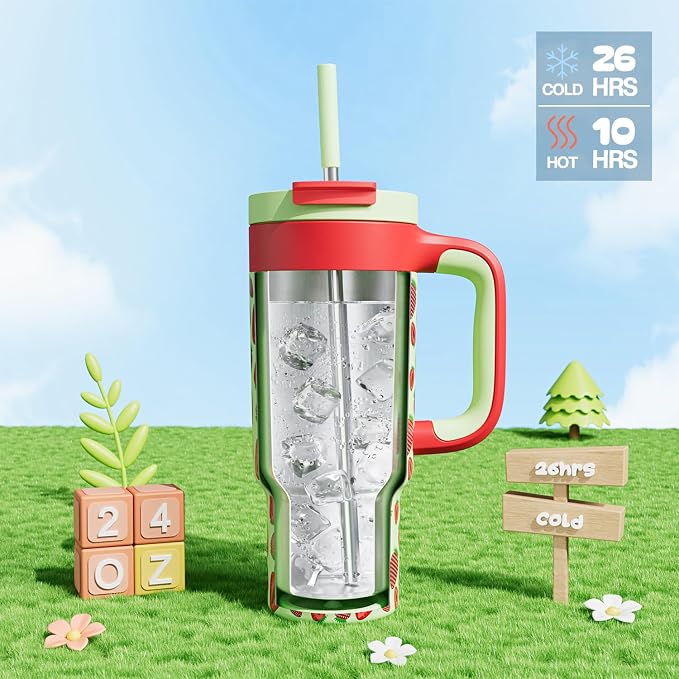 24 oz Metal Tumbler Cup for Girls: Easy Grip Handle, Leak-Proof when Sealed, Easy to Clean, Double Wall Vacuum Cup for Home, School, Daycare, Party, Picnic, Hiking, Travel, Gift (Strawberry Pop) - Image 2