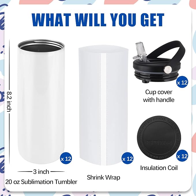 Joyclub 12 Pack Sublimation Water Bottle Blanks Bulk 20 oz Sublimation Tumblers with Handle Lids and Straws Skinny Straight Stainless Steel Cups DIY Gift - Image 3
