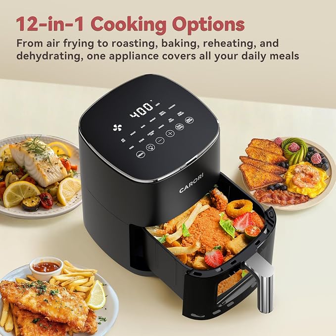 CARORI 6 Qt Air Fryer with Viewing Window, 12 Presets and DIY Mode, 1700W, 400°F Max, Large Nonstick Dishwasher-Safe Basket, Bake, Roast, Reheat, Dehydrate, Black - Image 2