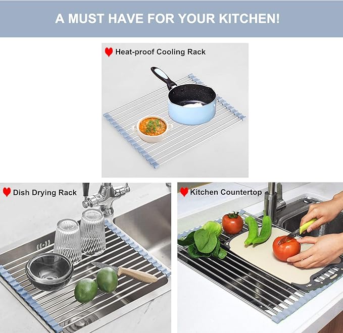 MECHEER Over The Sink Dish Drying Rack, Roll Up Dish Drying Rack Kitchen Dish - Image 4