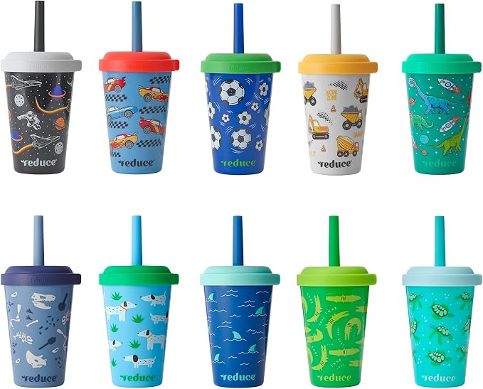 REDUCE GoGo's Kids Portable Tumbler Cups with Lids and Spill-Proof Straws - 10 Pack of Stackable 12 oz Tumblers with Twist-On Lids - Easy Storage, Dishwasher Safe - Club House by Reduce
