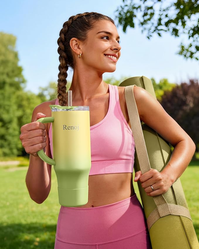 Renoj Insulated Mug 100% Leak Proof Insulated Water Bottle for Iced Coffee & Hot Drinks - Fits Car Cup Holder, Ideal Gift, 2 Straws & Silicone Boot - SnapShift Green Gradient 32 oz - Image 6