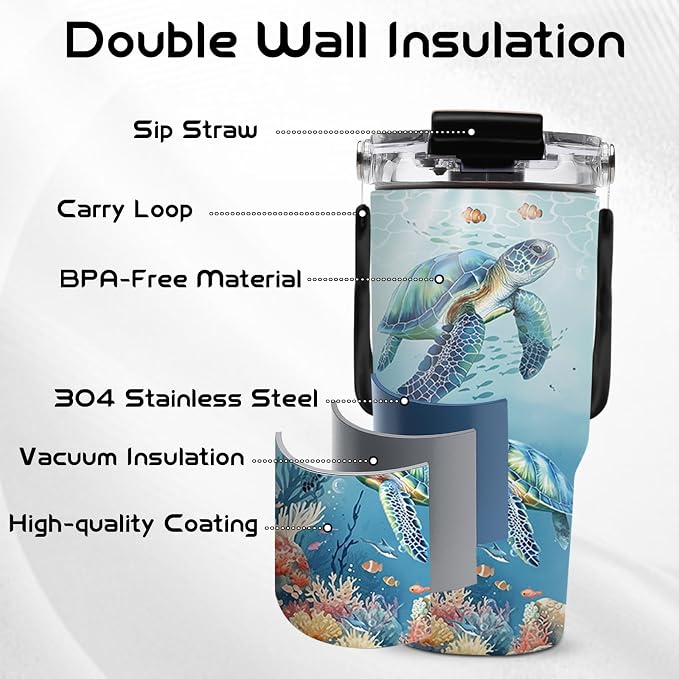 20oz Turtle Tumblers - Sea Turtle Tumbler with Straw Handle, Leak-proof, BPA-free, Double Wall Insulated, Turtles Gifts for Cat Lover, Insulated Coffee Tumbler Ocean Stainless Steel Cup for Kids - Image 5