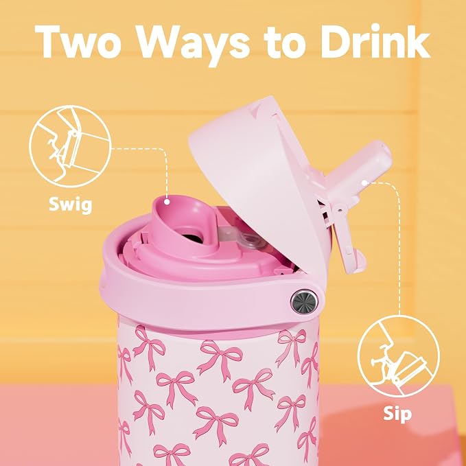 24 oz Insulated Water Bottle for Women: Meoky Stainless Steel Metal Water Bottle with 2-in-1 Straw and Spout Lid - Leak Proof, Cold for 24 Hours, Protective Silicone Base, BPA-Free for School, Bow - Image 2