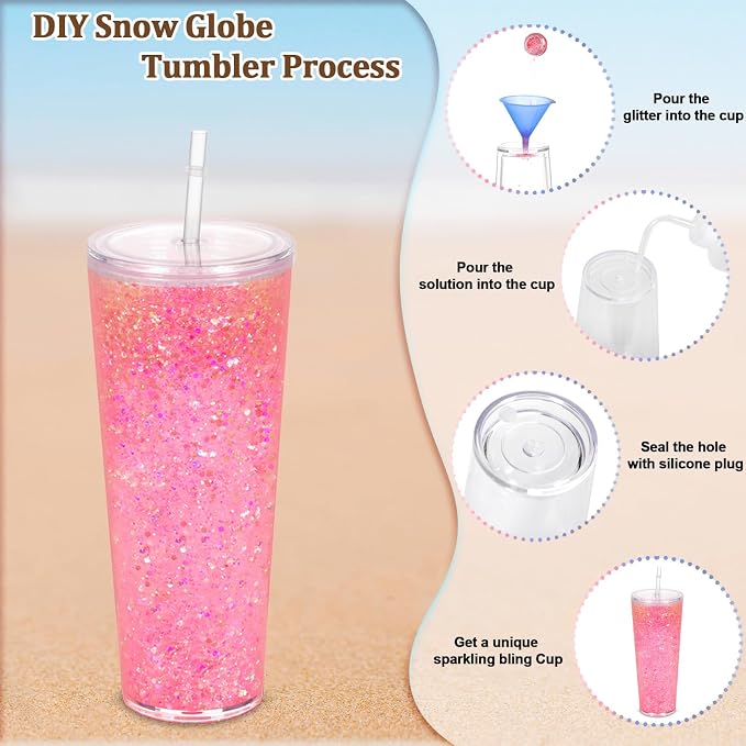 8 Pack 24Oz Snow Globe Tumblers, Double Wall Acrylic Snowglobe Cup with Pre Drilled Hole, Lids, Straws and Plug, Reusable Clear Plastic Tumbler for Snow Globe Glitter DIY - Image 3