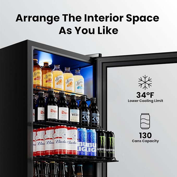 Yeego Beverage Refrigerator Drink Cooler, 130 Cans Mini Fridge | Double-pane Glass Door Cooler, 34°F-54°F Temperature Control, for Soda Wine Beer Home Office Bar, Adjustable Shelves, Black - Image 4