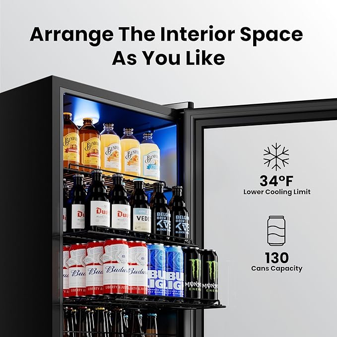 Yeego Beverage Refrigerator, 130 Can Mini Fridge with Glass Door, Adjustable Shelves, Digital Temperature Control 34°F-54°F, Drink Cooler for Soda, Beer and Wine, Freestanding or Under Counter, Black - Image 2