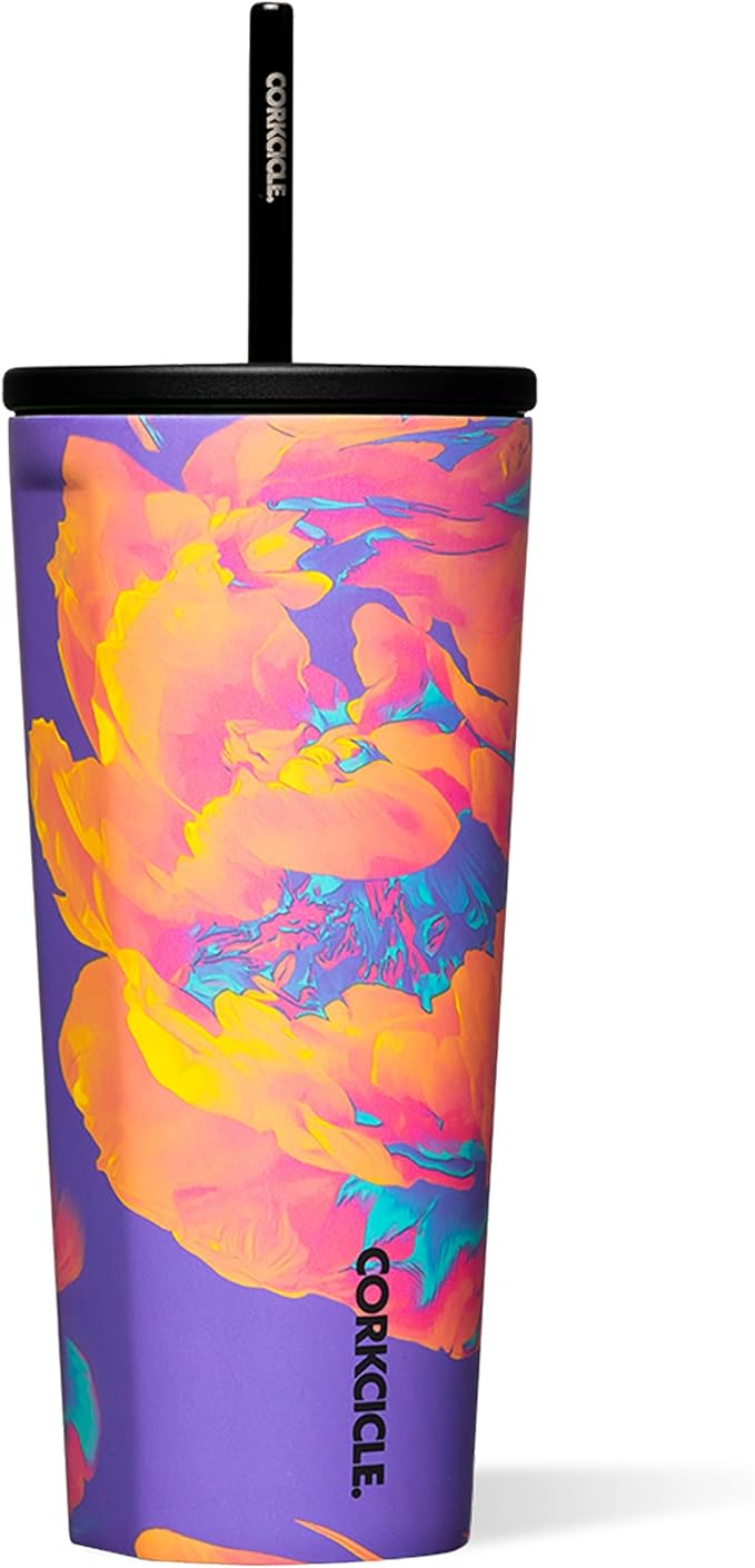 Corkcicle Cold Cup Insulated Tumbler with Straw - Keeps Drinks Cold for 12 Hours - Triple-Insulated Stainless Steel - Leak-Resistant Lid - Summer Drinkware Gift - 24 oz - Super Bloom by Corkcicle