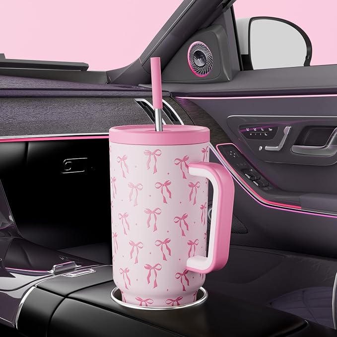 Meoky 40 oz Tumbler with Handle and Straw: Stainless Steel Insulated Tumbler with Lid and Straw - 100% Leak Proof Tumbler for Car Cup Holders - Travelers Commuters Workers, Bow - Image 5