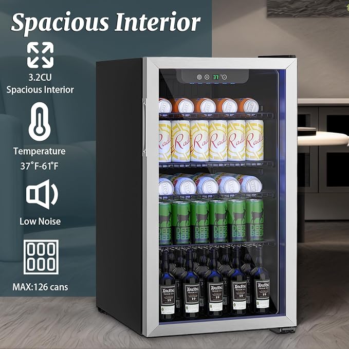 DOGHLY 3.2 Cu.ft Mini Fridge Glass Door, 126 Cans Beverage Refrigerator | Drink Fridge for Soda Beer Wine, Digital Temperature Control, Removable Shelf, Quiet Beverage Cooler for Office, Dorm, Bar - Image 5