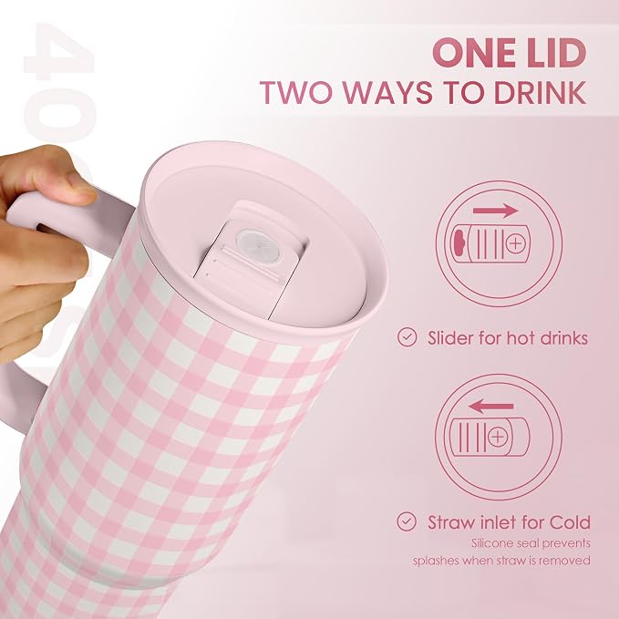 Pink Gingham 40oz Slider Tumbler with Handle and Straw - Insulated Stainless Steel Travel Coffee Mug for Women Girls, Gift for Birthday, Christmas - Image 4