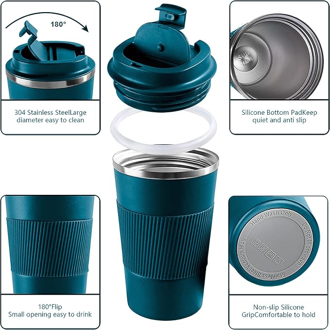YINBAOGE Insulated Travel Coffee Mug, Spill & Leak Proof, Portable To Go Camping Stainless Steel Coffee Tumbler, Reusable Thermal Coffee Cup with Lid for Hot & Cold Drinks (Blue, 17 OZ) - Image 2