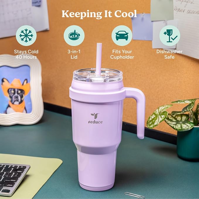 REDUCE 40 oz Stainless Steel Tumbler with Handle - Dual-Wall Vacuum Insulated Travel Mug, Sweat-Proof Lid & Reusable Straw - Keeps Drinks Cold for 24 Hrs, Fits Cupholders, Dishwasher Safe - Dark Web - Image 3