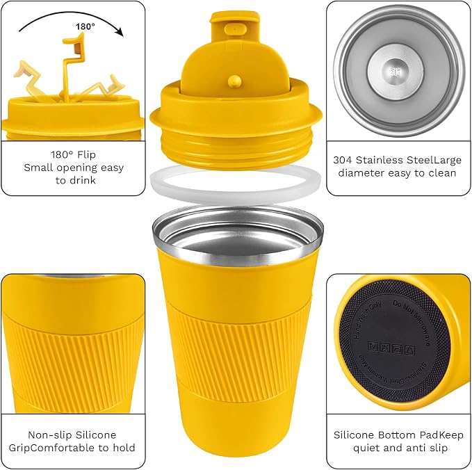 YINBAOGE Insulated Travel Coffee Mug, Spill & Leak Proof, Portable To Go Camping Stainless Steel Coffee Tumbler, Reusable Thermal Coffee Cup with Lid for Hot & Cold Drinks (Yellow, 12 OZ) - Image 2