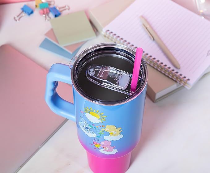 Silver Buffalo Care Bears Featuring Grumpy Bear, Funshine, and Love-A-Lot Bear Heart Showers Ombre Double Walled Stainless Steel Tumbler with Handle and Straw, Fits in Standard Cup Holder, 40 Ounces - Image 6