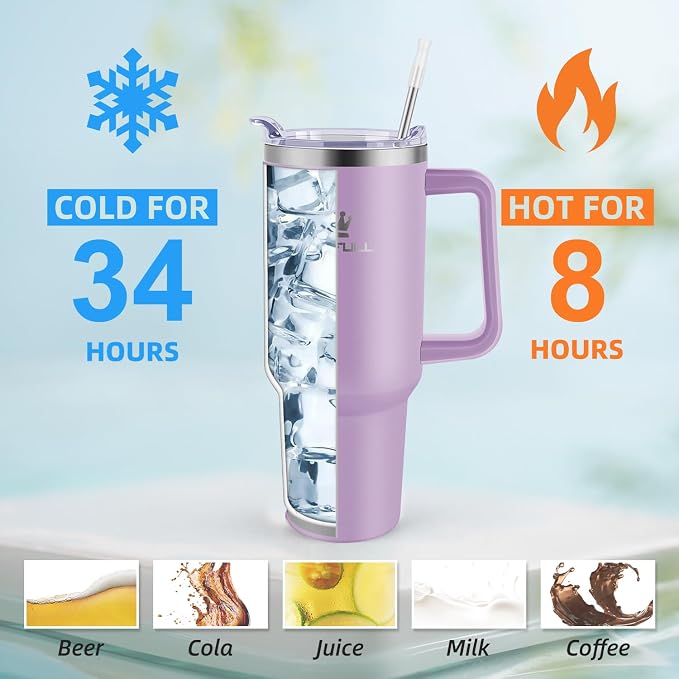 40 oz Tumbler with Handle and Straw Lid, 100% Leak-proof Travel Coffee Mug, Stainless Steel Insulated Cup for Hot Cold Beverages, Keeps Cold for 34Hrs or Hot for 10Hrs, Dishwasher Safe (LightPurple) - Image 3